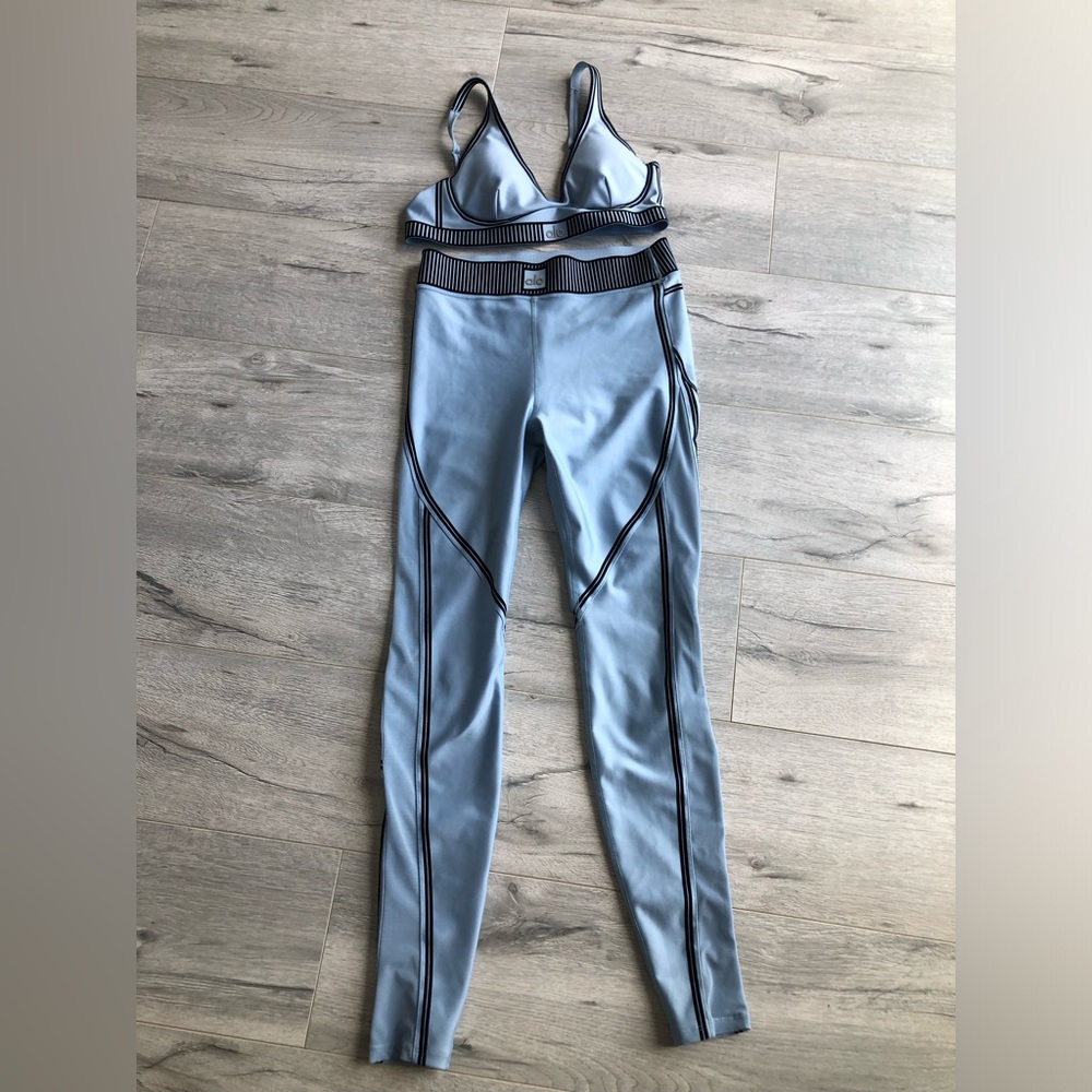ALO Celestial Blue Line Up Leggings and Bra Set